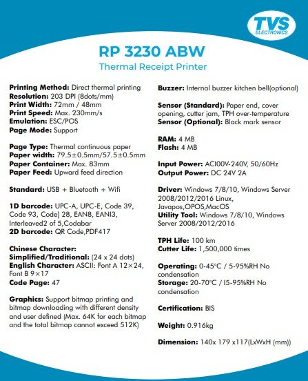 TVS RP 3230 ABW Receipt Printer With USB + Bluetooth + Wifi Connectivity. - Image 3